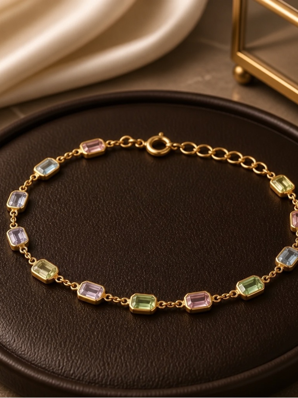 GHR Gold Filled Bracelet/Anklet - Peridot, Amethyst Aquamarine Light Rose 9 1/2"